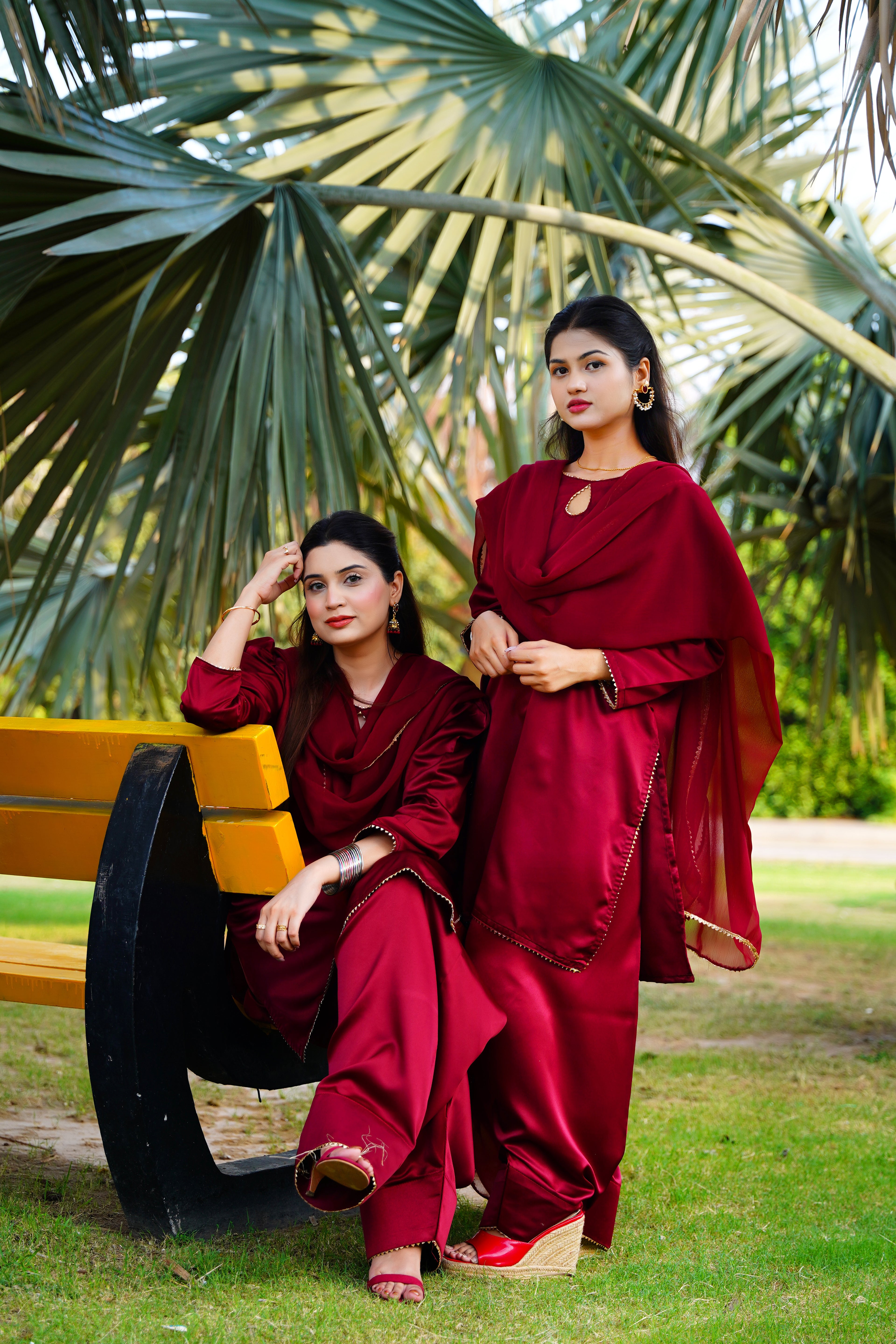 Indulge in the timeless elegance of our maroon Farshi shalwar set
