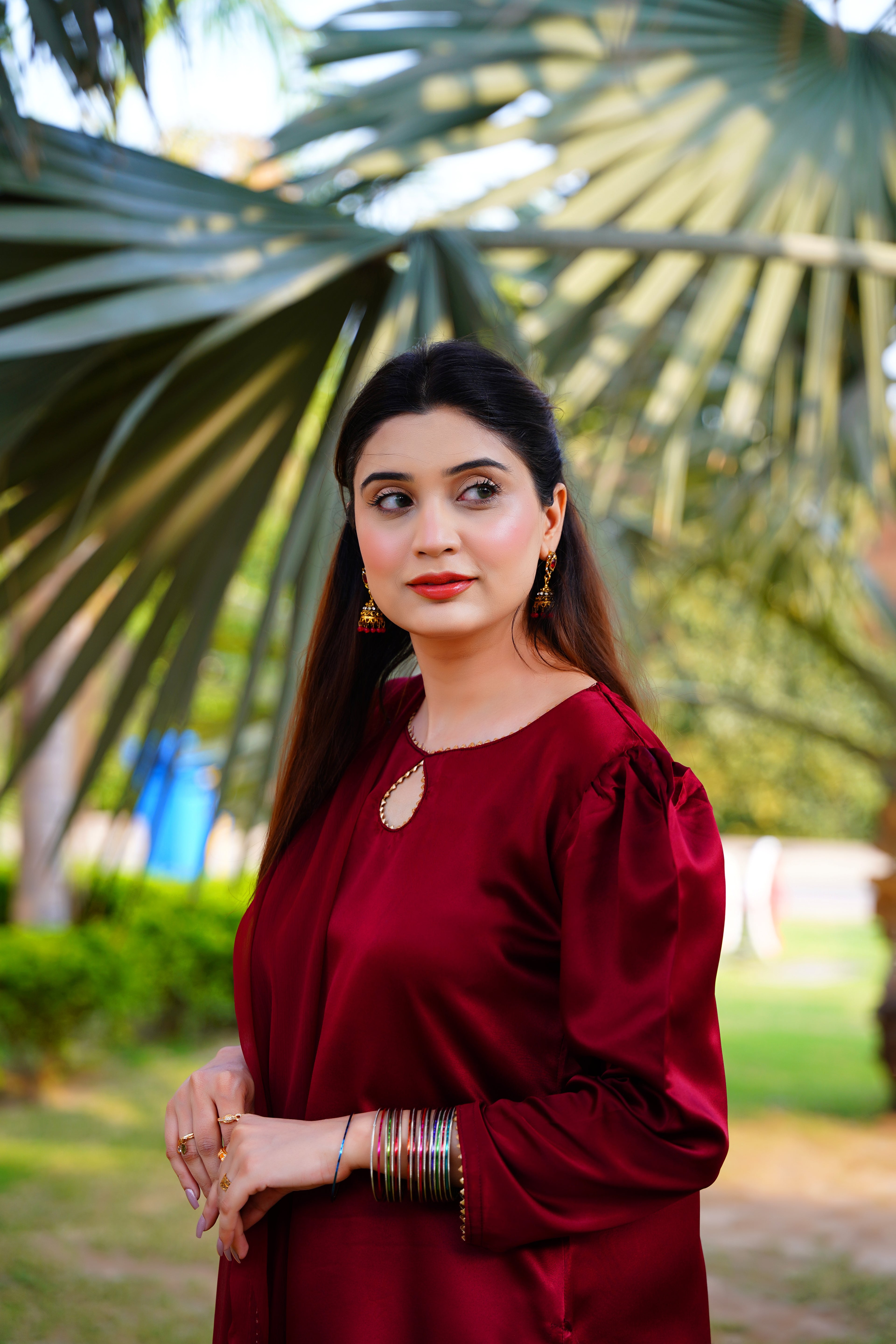 Indulge in the timeless elegance of our maroon Farshi shalwar set